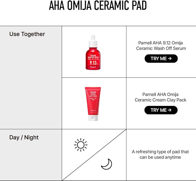 Parnell AHA 9.12% Omija Ceramic Peeling Pads (60 Count) | Gentle Daily Exfoliating Toner Pad with LHA PHA Vitamin C | Smooth Clear Look Korean Skin Care