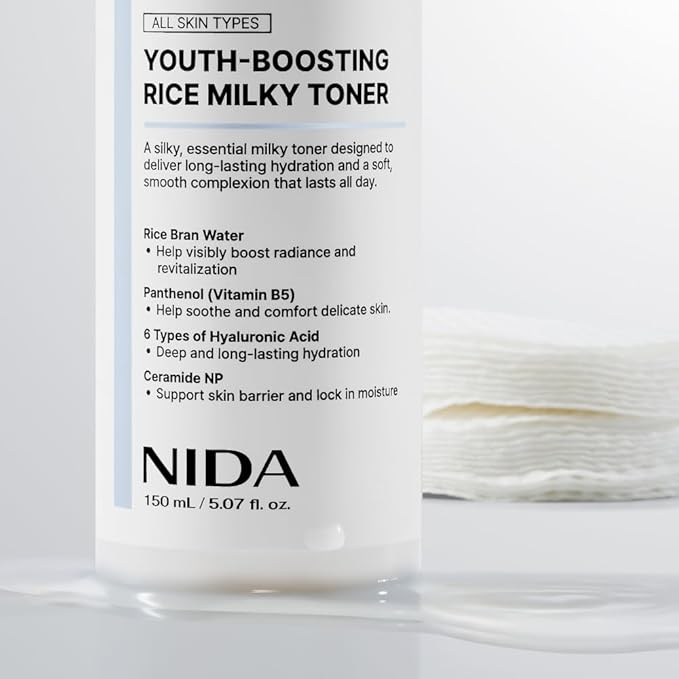 NIDA Youth-boosting Rice Milky Toner, for Glass Skin | Rice Bran Extract, Niacinamide, Ceramide NP, Panthenol | Deep Moisturizing, Hydrating and Refreshing, Korean Skin Care | 5.07 fl. oz., 150ml