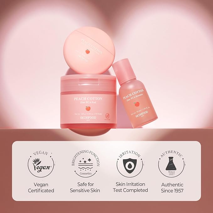SKINFOOD Peach Cotton Zinc PCA Toner Pads, Korean Skincare for Dual Functional Hydrating,Soothing & Matte, Velvety Finish, Stocking Stuffers, Sebum Control for Sensitive, Oily, 5.64 oz (70 Pads)