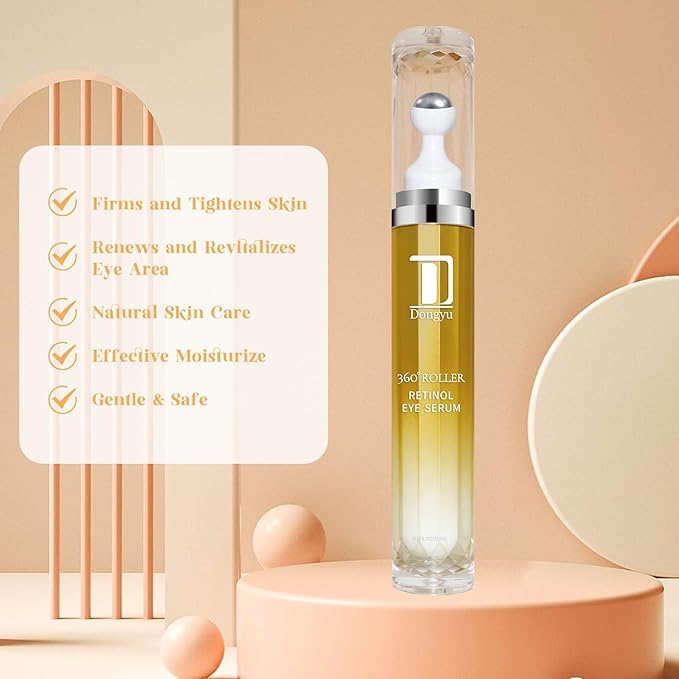Dongyu Retinol Eye Serum 360° Roller: Cream with Massage Ball - Caffeine and Yeast Under Roller Anti Aging for Dark Circles Puffiness Bags- Reduce Wrinkles Fine Lines