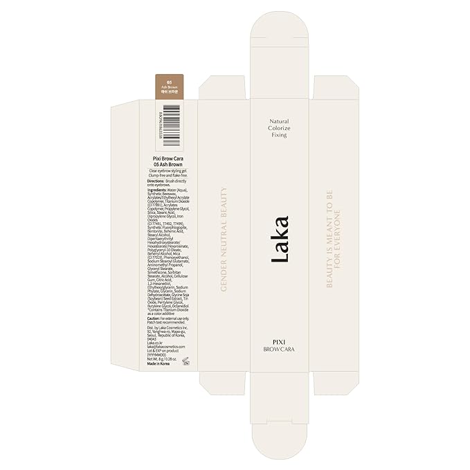 Laka Pixi Eyebrow Mascara 8g/0.28oz., Eyebrow Gel to Fix and Shape Brows, Clump-Free, Brow Fixer with Slim Precision Brush, Vegan, K-Beauty (05 Ash Brown)