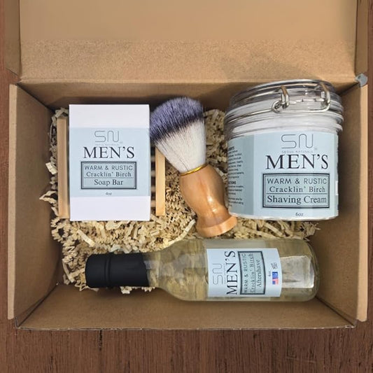 Seoul Naturals Men's Grooming Kit, Warm & Rustic Cracklin' Birch, 5 Piece Set with Shaving Cream, Barber Brush, Aftershave, Soap Bar and Soap Saver, k beauty