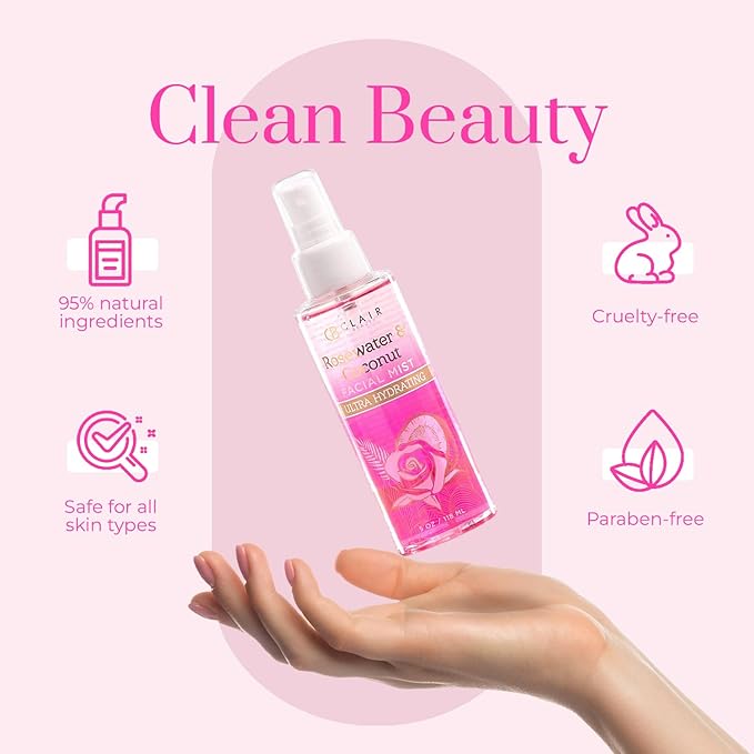 Clear Beauty Rosewater & Coconut Face Mist - Refresh and Soothe Tired & Dry Skin, Instant Moisturing & Hydrating Facial Mist Spray - Cruelty Free Korean Skin Care For All Skin Types
