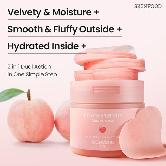 SKINFOOD Peach Cotton Zinc PCA Toner Pads, Korean Skincare for Dual Functional Hydrating,Soothing & Matte, Velvety Finish, Stocking Stuffers, Sebum Control for Sensitive, Oily, 5.64 oz (70 Pads)