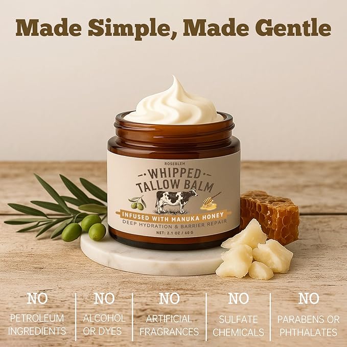 Whipped Tallow Honey Balm, Beef Tallow for Skin Face, 100% Organic Grass-Fed Beef Tallow Balm with Raw Honey, Hydrating Repairing Tallow Face Moisturizer for Dry & Sensitive Skin, Unscented, 2 Oz