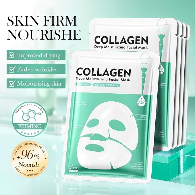 Collagen Face Mask, Deep Moisturizing & Firming Facial Sheet Mask, Hydrating and Plumping Face Mask with Bio Collagen and Hyaluronic Acid, Gentle Nourishing Skincare for All Skin Types, 4PCS
