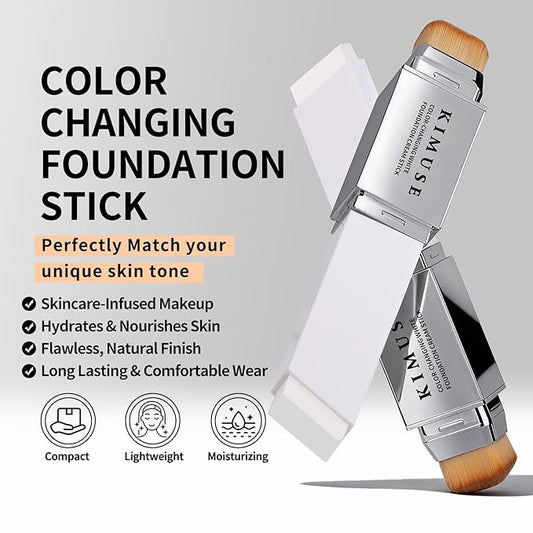 KIMUSE Color-Changing White Foundation Cream Stick, Long Lasting Color Changing Foundation, Medium to Full Coverage Stick Base Makeup, Dual-Ended with Brush