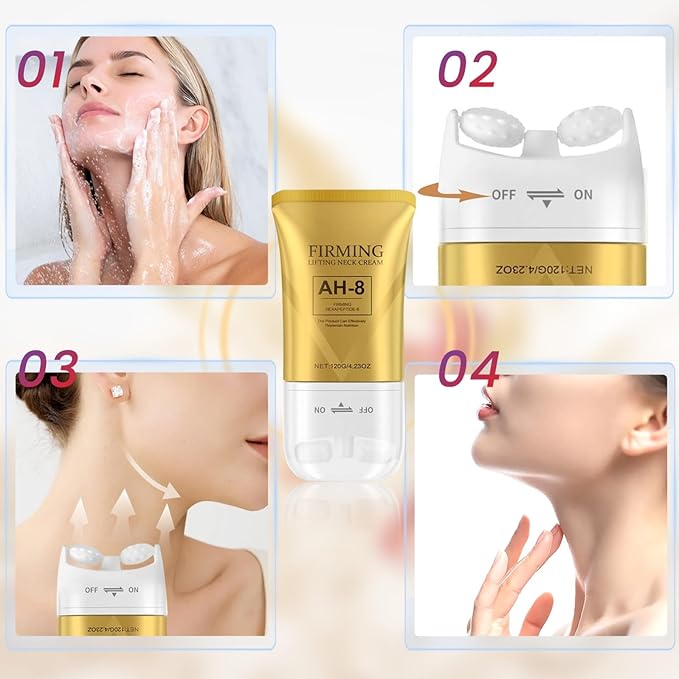 AH-8 Firming Neck Cream with Roller, Neck Moisturizer Cream for Crepey Skin, Tightening Lotions Skin Care Skin Repair for Women, Day & Night Use