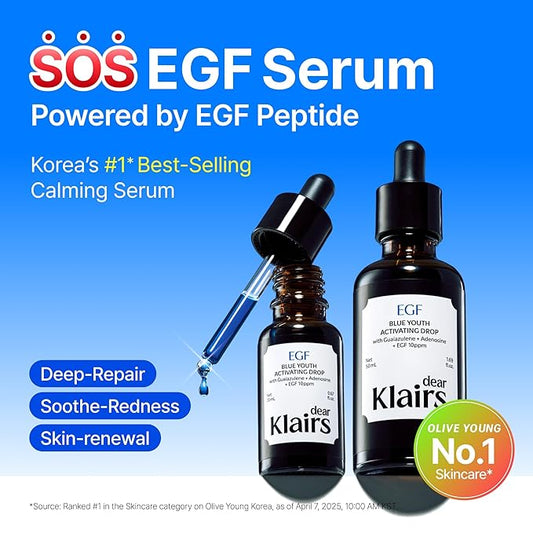 Dear Klairs Korean EGF Serum – Blue Youth Activating Drop with EGF Peptides and Guaiazulene, Repairing Serum for Redness and Blemish-prone Skin, Visibly Fades Post-Blemish Marks, 1.69 Fl Oz