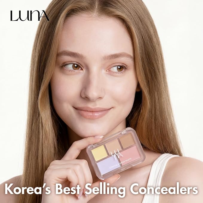 LUNA Conceal Blender Palette 02 Pure Cover 5-in-1 Color Correcting and Concealing with Lemon, Lavender Fog, Porcelain, Natural Beige and Soft Pink, Suitable for Cool and Bright Tones