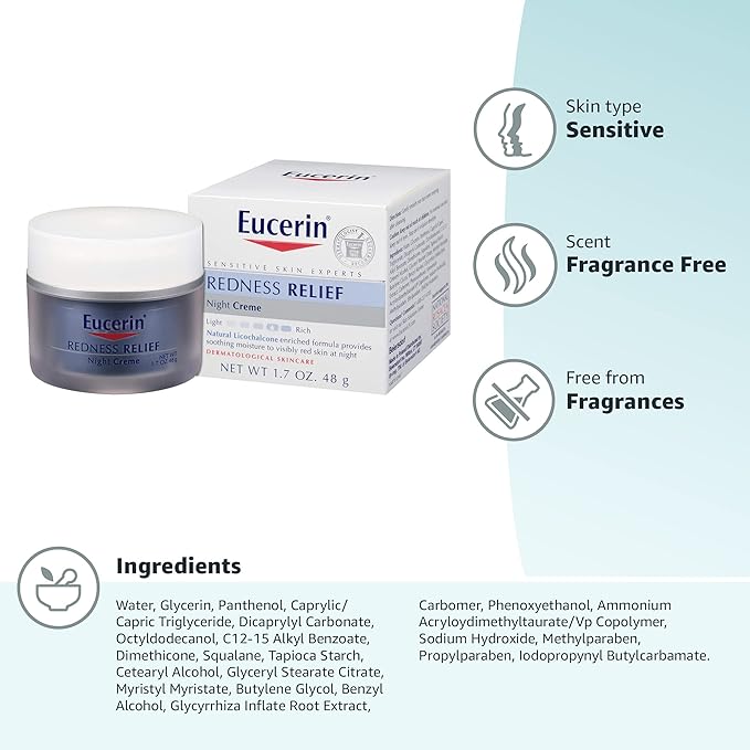Eucerin Redness Relief Night Creme - Hydrating Cream Safe for Sensitive, Redness-Prone Skin & Rosacea - 1.7 oz Jar