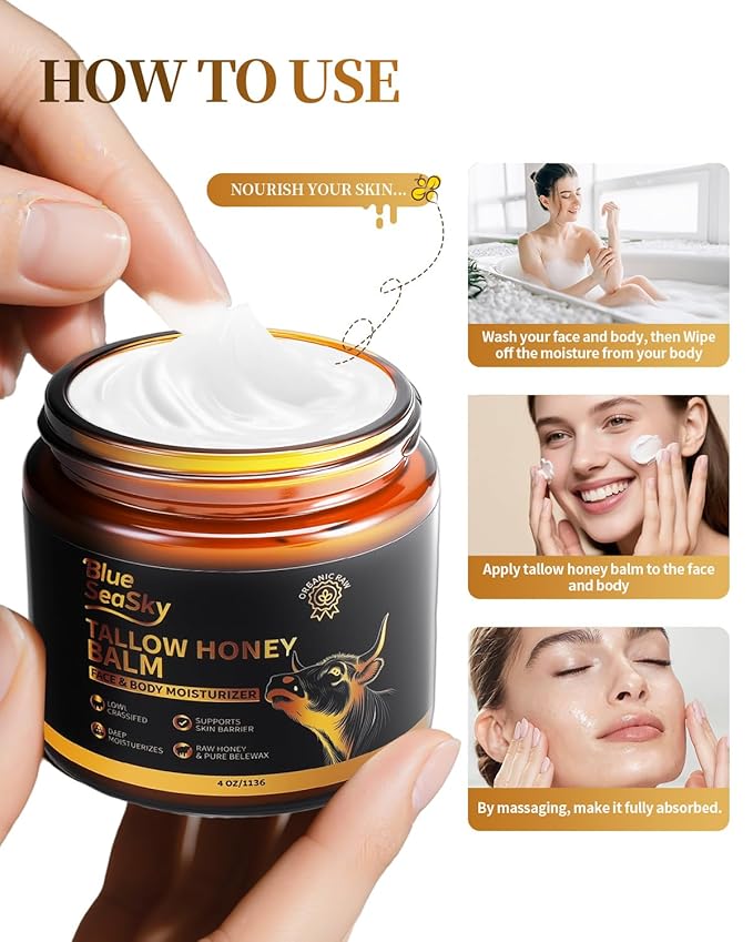 Blue Sea Sky Beef Tallow for Skin Handmade Whipped Beef Tallow for Face Cream Body & Face Moisturizer with Organic Grass-Fed Beef Tallow and Honey Balm Natural Formula for Dry & Sensitive Skin (4/OZ
