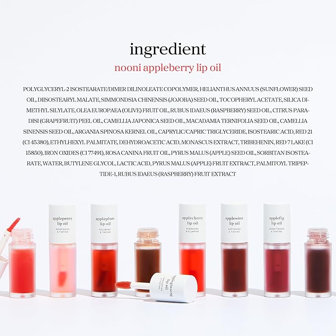 NOONI Korean Lip Oil - Appleberry | Long-Lasting, Moisturizing, Plumping, Revitalizing for Dry Lips, Waterproof, No Peel Off, Hydrating, Nourishing Crystal Clear, Stocking Stuffers, 0.12 FL Oz