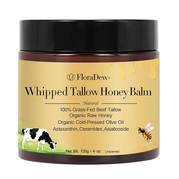 Tallow and Honey Balm - Organic Grass-Fed Beef Tallow for Skin - Moisturizer Deep Hydration for Body with Beef Tallow & Raw Honey & Infused Olive Oil 4.23 FL OZ (Uncented)