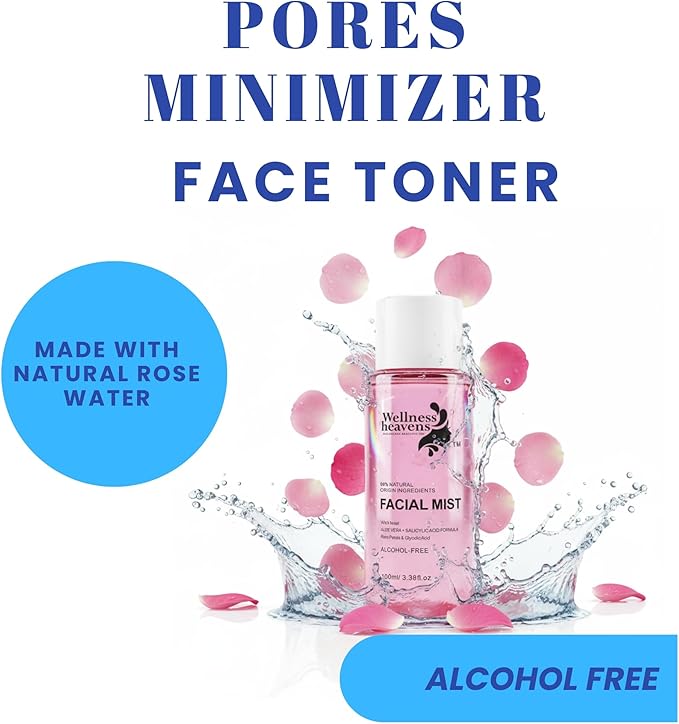 Witch Hazel Toner, Hydrating, Refreshing Face Mist, Rose Water with Salicylic, & Glycolic Acid, Zero Pore Cleanser, Removes Makeup, Dirt, Oil, Fades Dark Spots & Minimizes Pores, Alcohol-Free, 100 ml