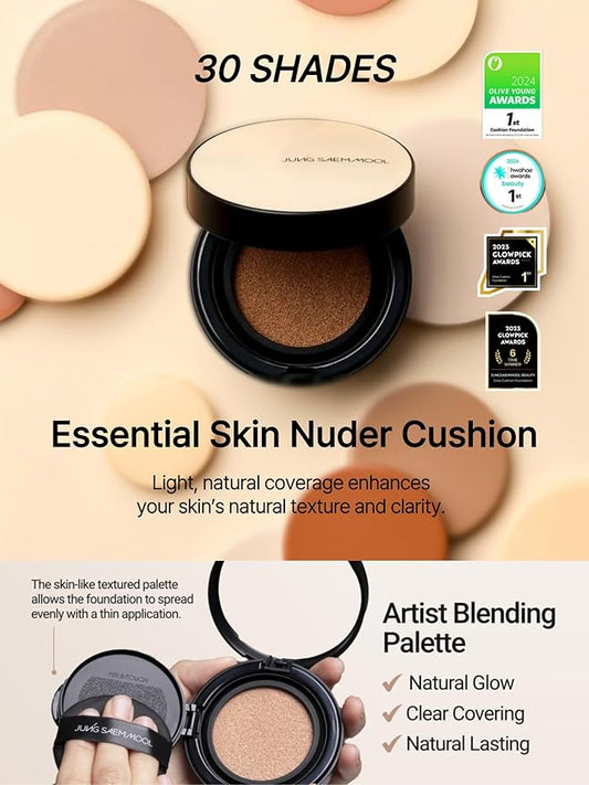 JUNG SAEM MOOL Essential Skin Nuder Cushion | Natural Finish, Buildable Coverage Cushion Foundation by Korean Makeup Artist (Refill Not Included, 0.49 Fl Oz), 19N N-Light