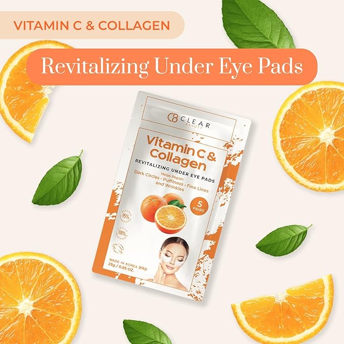 Clear Beauty Vitamin C & Collagen Under Eye Patches – Reduces Dark Circles, Puffiness & Fine Lines – Hydrating & Firming Eye Pads – Dermatologist Tested, Korean Skin Care, Vegan Clean Beauty – 5 Pairs