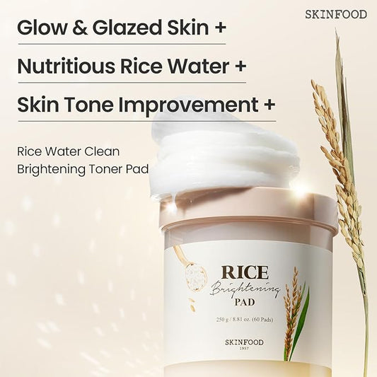 SKINFOOD Rice Brightening Toner Pad, Korean Skincare Face Toner Pads with 48 Hours Fermented Rice Water for Glow Glass Skin, Hydrating, 100% Cotton Pad, Vegan, 8.81 oz(60 Pads)