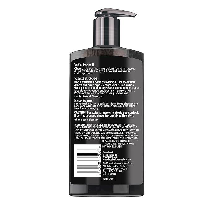 Biore Deep Pore Charcoal Face Wash, Daily Facial Cleanser for Dirt & Makeup Removal, for Oily Skin, 6.77 Oz, Pack of 3