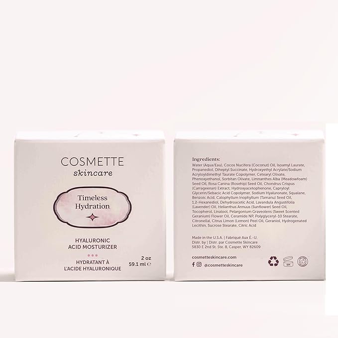 Cosmette Timeless Hydration - Ultra Hydrating Triple Hyaluronic Acid Face Moisturizer w/Squalane, Ceramides, Vitamins C & E, Rosehip & Tamanu Oil - Vegan, Natural Skin Care for Clean Beauty, 2 Fl Oz