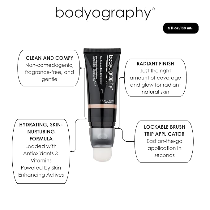 Bodyography Sun Defense Tinted Moisturizer, 1.5 oz | Lightweight SPF Tint with Hyaluronic Acid & Mineral Pigments | Hydrating, Vegan Sheer Coverage for All Skin Types, Deep
