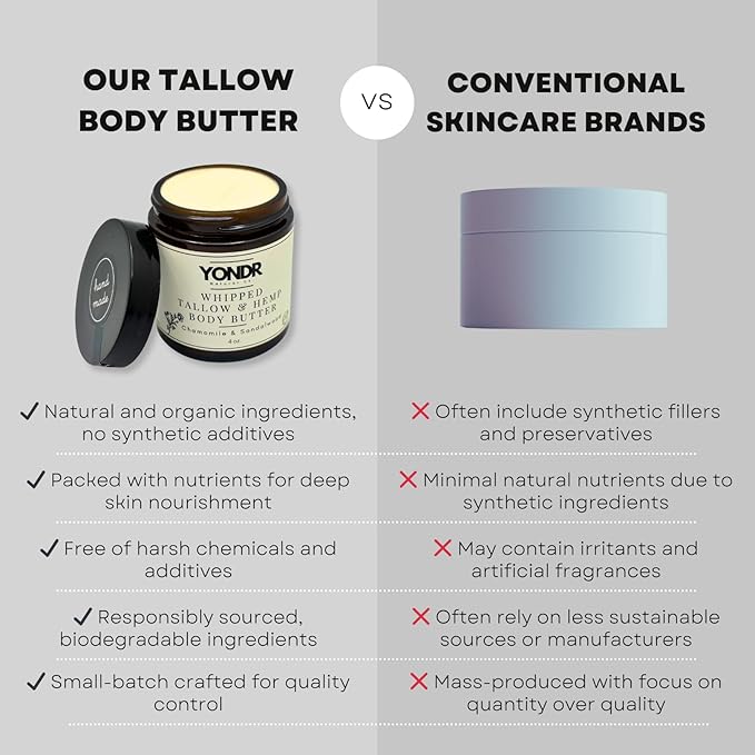 Tallow & Hemp Body Butter – Whipped Grass‑Fed Tallow + Hemp Seed Butter – Calming Chamomile/Sandalwood/Lavender – Deep Hydration for Dry & Sensitive Skin (4 oz)