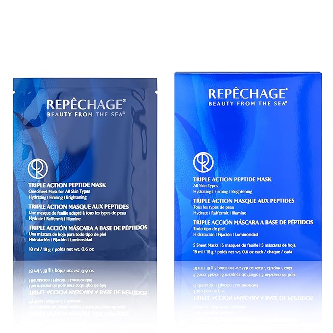 Repechage Triple Action Multi Peptide Mask – Hydrating, Smoothing Cooling Seaweed-Based Facial Sheet Mask for All Skin Types, Weekly Skincare Ritual – 5 Pre-Saturated Paper Sheets