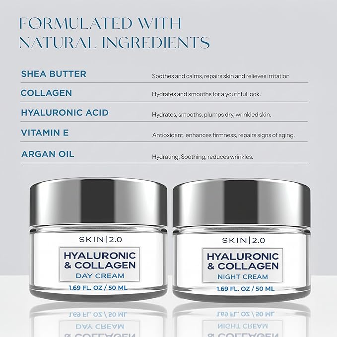 Hyaluronic Acid & Collagen Face Moisturizer – Deep Hydration & Firming Cream for Smooth, Youthful Look – Dermatologist Tested, Korean Skin Care Set, Vegan, Clean Beauty – Day & Night Duo