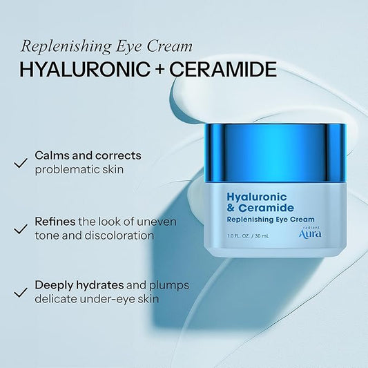 Hyaluronic Acid & Ceramide Eye Cream For Dark Circles - Dermatologist Tested, Anti Aging Korean Skin Care - Deep Hydration & Depuffing Eye Treatment - Vegan, Clean Beauty - Pack of 2