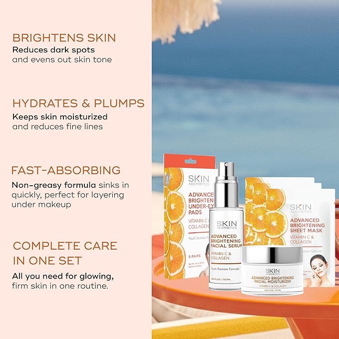 Vitamin C & Collagen Set – Dermatologist Tested, Anti Aging, Korean Skin Care – Firms, Smooths, Hydrates and Revitalizes Tone– Vegan, Clean Beauty – Serum, Moisturizer, Mask & Eye Pads