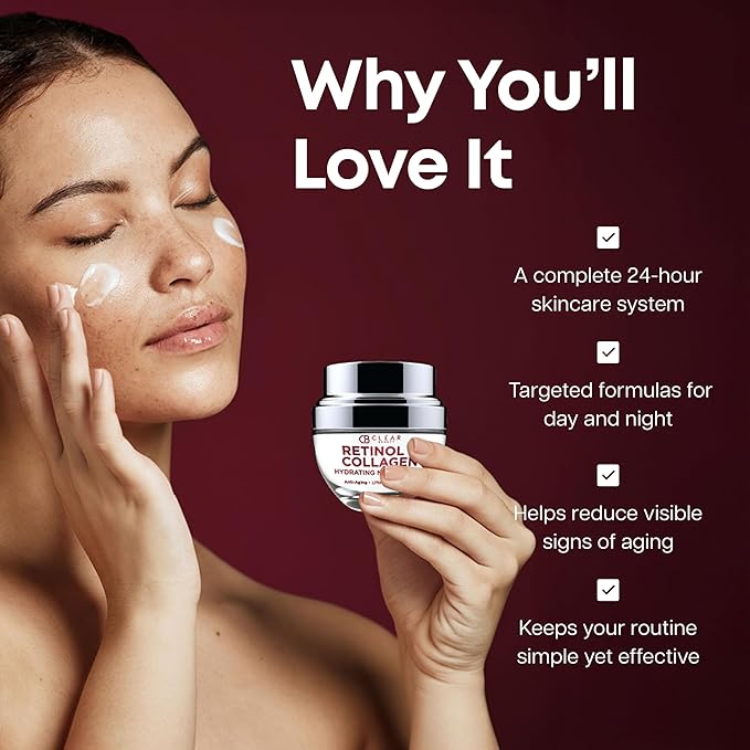Clear Beauty Retinol & Collagen Face Moisturizer – Anti Aging Day & Night Cream For Firming & Hydration – Reduces Fine Lines & Wrinkles – Dermatologist Tested, Korean Skin Care Set, Vegan – Duo Pack