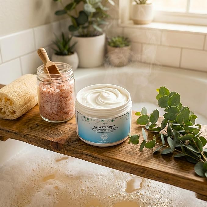 YUNASENCE ELLASTIBODY Hydrating Firming Caviar Butter Moisturizing Cream, with Caviar Extract, Vitamin E, Reishi, Avocado & Green Tea. 9.5oz. For soft, comforted skin.