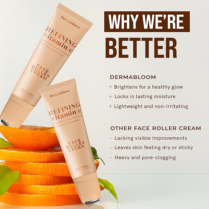 Vitamin C Face Roller Cream – Brightens, Firms, Hydrates For Puffy Skin & Uneven Skin Tone – Dermatologist Tested, Anti-Aging, Korean Skin Care – Vegan, Clean Beauty, Non-GMO – 1.69 Fl Oz