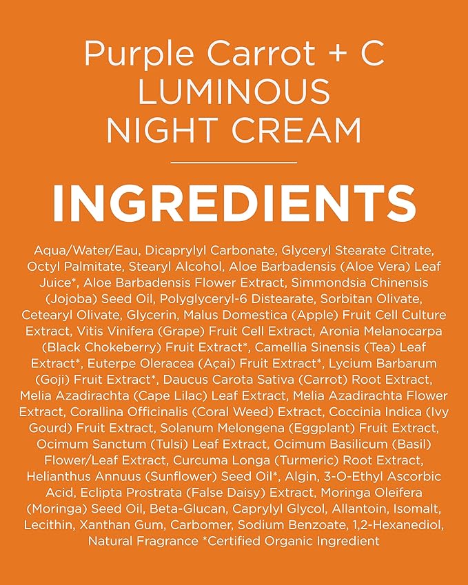 Andalou Naturals Purple Carrot + Vitamin C Luminous Skin Night Cream - Hydrating Face Moisturizer - With Fruit Stem Cell Complex for Radiant Skin - 1.7 fl oz