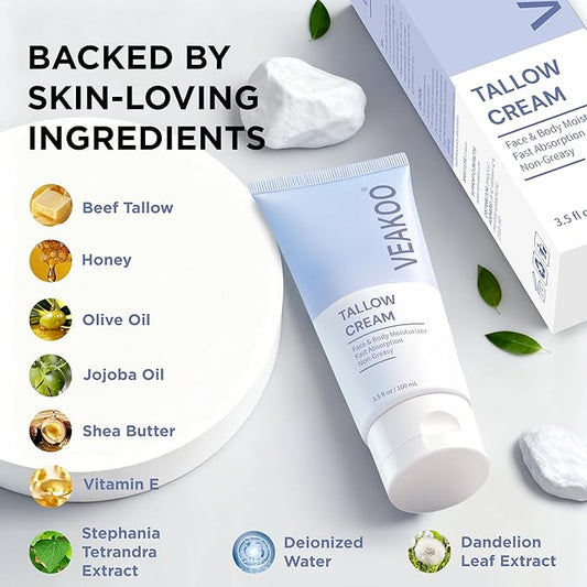 Veakoo Beef Tallow for Skin, Whipped Beef Tallow Cream, Unscented Face Moisturizer in Tube, Organic Grass Fed Tallow and Honey Balm for Nourishing Dry, Oily, Combination, and Normal Skin