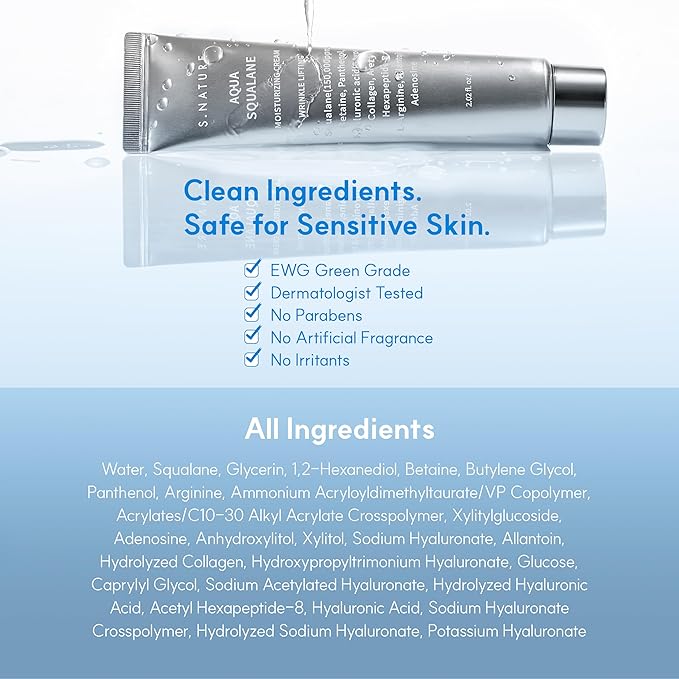 S. Nature AQUA SQUALANE MOISTURIZING CREAM | Face Moisturizer for Dry and Sensitive Skin, Vegetable Squalane 150,00ppm, Long-lasting Hydration, Pore Care Cream, Korean Skin Care (2.7 Fl Oz, 80ml)