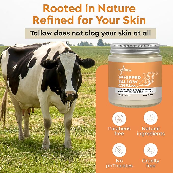 Beef Tallow Cream for Face & Body β 100% Grass-Fed Beef Tallow Skin Care Moisturizer | Whipped Tallow Face Moisturizer for Dry, Sensitive, Aging Skin | Natural Tallow Balm | 4 oz (Orange)