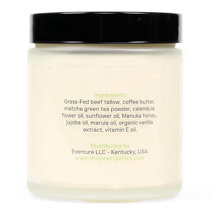 | Organic Matcha-Infused Whipped Tallow Cream for Skin | Grass-Fed Beef Tallow Natural Moisturizer for Face & Body | Made in USA | 4 oz (Large Size)