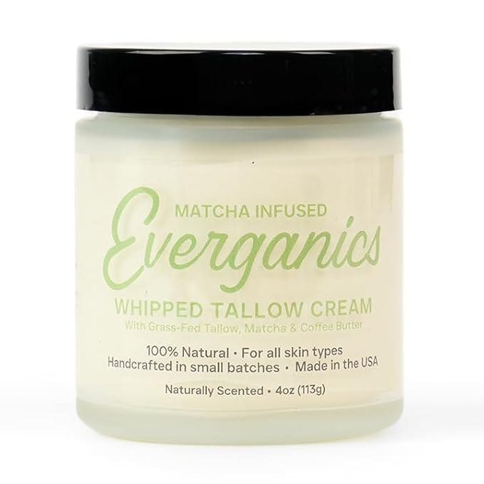 | Organic Matcha-Infused Whipped Tallow Cream for Skin | Grass-Fed Beef Tallow Natural Moisturizer for Face & Body | Made in USA | 4 oz (Large Size)