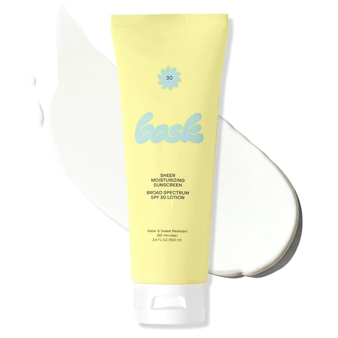 Bask Suncare SPF 30 Sheer Moisturizing Sunscreen Lotion - Broad Spectrum UVA/UVB Protection, Dermatologist Recommended, Hydrating, Lightweight & Non-Greasy, No White Cast, Travel Size, 3.4 fl oz