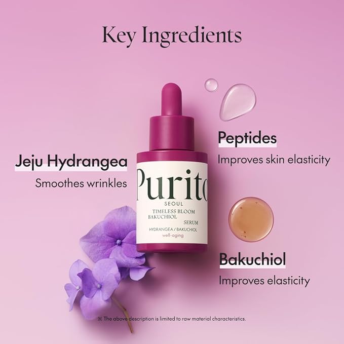 PURITO SEOUL Timeless Bloom Bakuchiol Serum, Korean Jeju Hydrangea, for Sensitive Skin, Ampoule, Fine Line Reduction, Anti Aging Facial Serum for face, K-Beauty, 30ml 1fl.oz