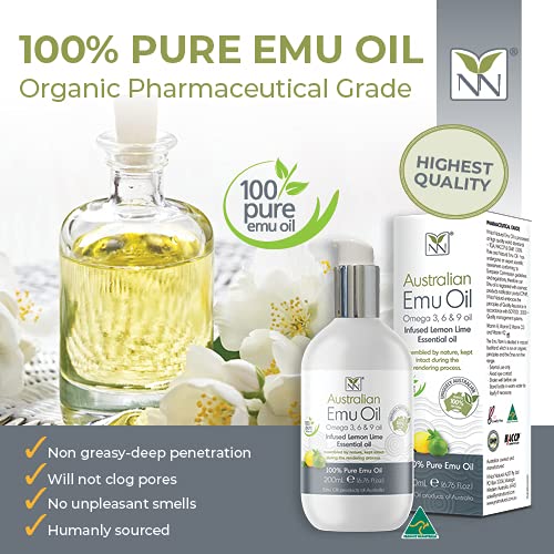 Y Not Natural Pure Emu Oil - Organic Moisture for Face, Body, Hair, Scalp & Nails - Rich in Omega 3-6-9, Vitamins & Essential Minerals - Australian Emu Oil (200ml) 6.76 fl oz - Lemon Lime