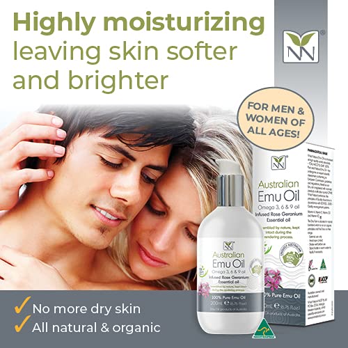 Y Not Natural Pure Emu Oil - Organic Moisture for Face, Body, Hair, Scalp & Nails - Rich in Omega 3-6-9, Vitamins & Essential Minerals - Australian Emu Oil (200ml) 6.76 fl oz - Rose Geranium