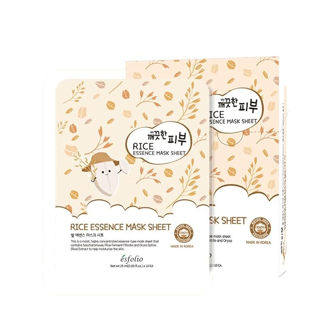 esfolio Rice Essence Sheet Mask– Hydrating & Moisturizing Face Mask for Glowing Skin – Anti-Aging Korean Skincare with Rice Ferment Filtrate – Facial Mask (Pack of 10)