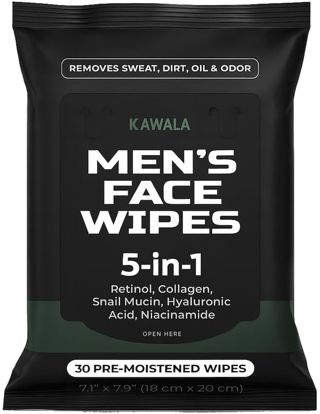 Mens Face Wipes 5-in-1 Anti-Aging Face Cleansing Wipes for Mens Skin Care with Retinol, Collagen, Snail Mucin, Hyaluronic Acid & Niacinamide – Alcohol-Free for Oily or Acne-Prone Skin Woodsy Scent