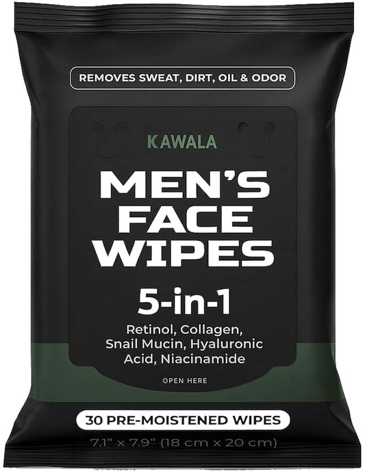 Mens Face Wipes 5-in-1 Anti-Aging Face Cleansing Wipes for Mens Skin Care with Retinol, Collagen, Snail Mucin, Hyaluronic Acid & Niacinamide – Alcohol-Free for Oily or Acne-Prone Skin Woodsy Scent