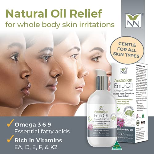 Y Not Natural Pure Emu Oil - Organic Moisture for Face, Body, Hair, Scalp & Nails - Rich in Omega 3-6-9, Vitamins & Essential Minerals - Australian Emu Oil (200ml) 6.76 fl oz - Rose Geranium