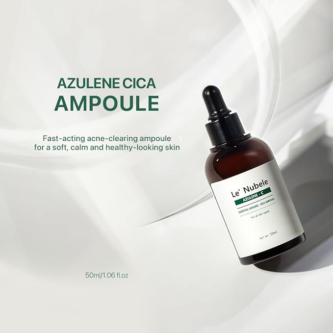 Le Nubele Azulene Cica Ampoule Soothes Acne Prone and Sensitive Skin, Azulene 700ppm, Centella Asiatica, Panthenol, Non-Comedogenic, Reduce Redness, Korean Skin Care, 50ml/1.06 fl.oz.