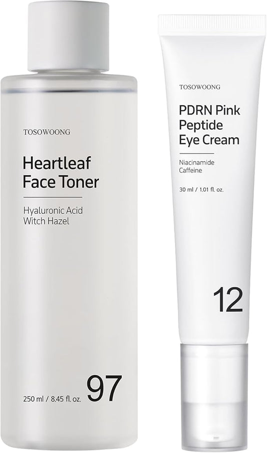 TOSOWOONG Soothing & Anti-Aging Set - 97% Heartleaf Facial Toner for Redness Relief + PDRN Salmon DNA Retinol Eye Cream for Dark Circles - Calming K-Beauty Routine