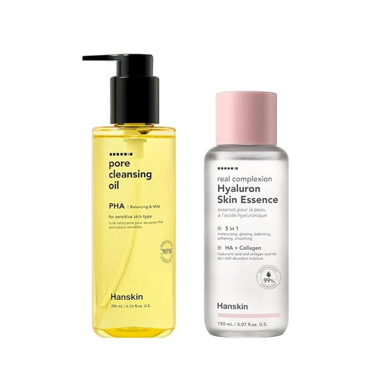 Hanskin Glass Essentials Duo – PHA Pore Cleansing Oil (6.76 oz) & Hyaluron Skin Essence | Hydration, Pore Care & Gentle Exfoliation for Sensitive, Dry & Combination Skin | Korean Skincare, K-Beauty
